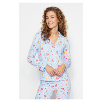 Trendyol Blue 100% Cotton Shirt-Pants Knitted Pajamas Set