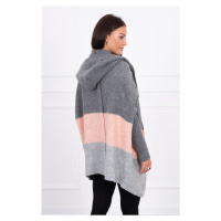 Tříbarevný svetr s kapucí grafit+pudrová růžová+šedá