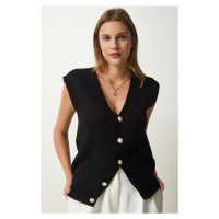 Happiness İstanbul Women's Black Metal Buttoned Woolen Knitwear Vest