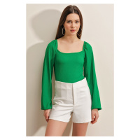 Bigdart 0465 Knitted Blouse with Balloon Sleeves - Green