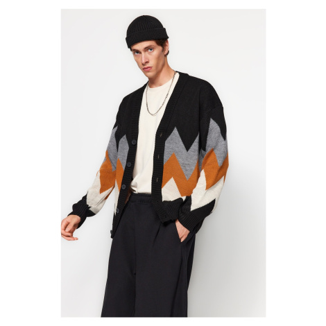 Trendyol Black Oversize Fit Wide Pattern Multicolored Cardigan