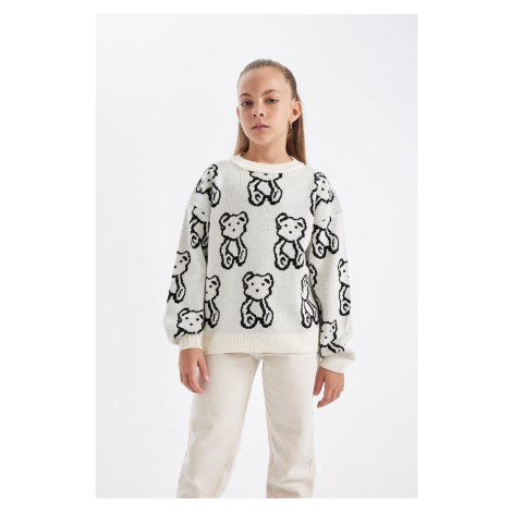 DEFACTO Girl Oversize Wide Pattern Crew Neck Teddy Bear Patterned Knitwear Sweater