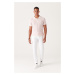 Avva Men's White White Dobby Pants with Side Pockets, Slim Fit Slim Fit Flexible Chino Canvas Tr