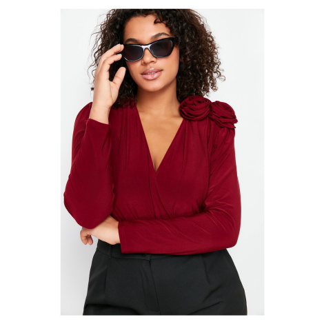 Trendyol Curve Burgundy Double Breasted Collar Accessory Bodysuit