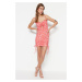 Trendyol Pink Floral Patterned, Fitted, Sweater Strap Mini Knitted Dress