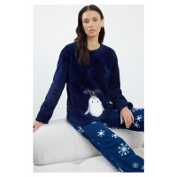 Trendyol Navy Blue Animal and Winter Patterned Wellsoft Knitted Pajama Set