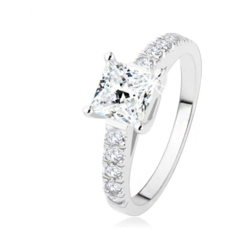 Zásnubní prsten ze stříbra 925, čirý zirkonový čtverec, ramena s kamínky Šperky eshop