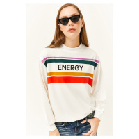 Olalook Women's Energy Ecru Printed Soft Textured Sweatshirt