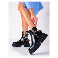 Módní kotníčkové boty dámské černé na plochém podpatku