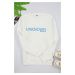 Trendyol Ecru Oversize/Wide Cut Text Printed Crew Neck Sweatshirt with Fleece Inside