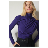 Happiness İstanbul Women's Purple Shirred Detail Standing Collar Sandy Blouse