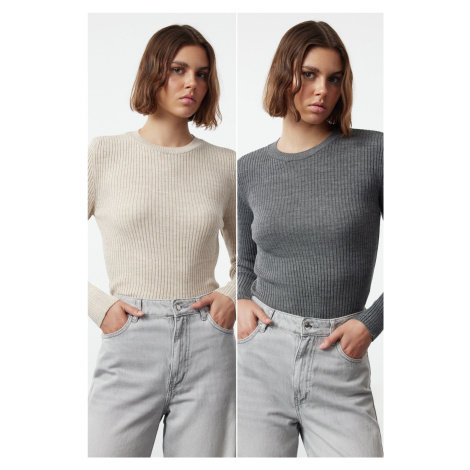 Trendyol Anthracite-Beige Double Pack Knitwear Sweater