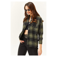 Olalook Women's Khaki Black Single Pocket Thick Plaid Lumberjack Shirt