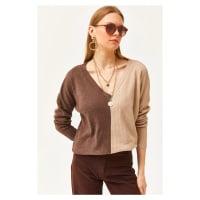 Olalook Women's Brown Camel Block Raised Loose Blouse