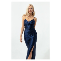Lafaba Women's Navy Blue Split Back Long Evening Dress with a Slit