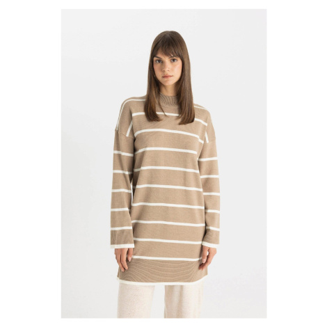 DEFACTO Women's Regular Fit Striped Half Turtleneck Knitwear Sweater Tunic