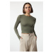 Trendyol Khaki Premium Viscose Crew Neck Crop Stretchy Knitted Blouse