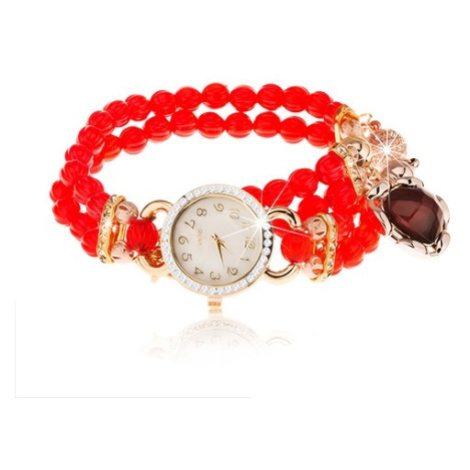 Náramkové hodinky, korálkový červený náramek, srdíčko, ciferník se zirkony Šperky eshop