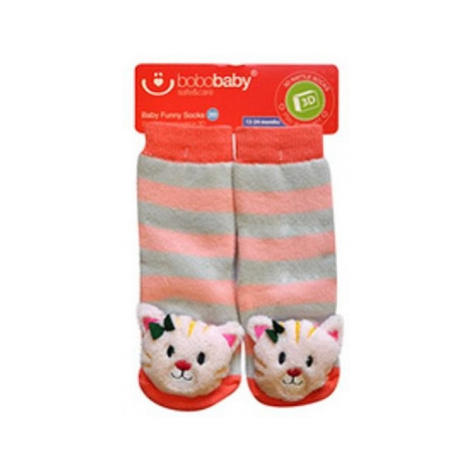 BOBO BABY Dětské protiskluzové ponožky 3D s chrastítkem - Kočička, meruňková, vel.