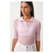 Happiness İstanbul Women's Pink Polo Neck Lightly Transparent Knitwear Blouse