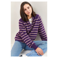 Bianco Lucci Women's Buttoned Neck Turtleneck Striped Knitwear Sweater