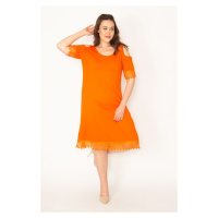 Şans Women's Plus Size Orange Decollete Decollete Orange Lace Dress