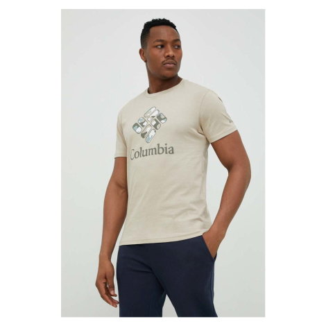 Bavlněné tričko Columbia béžová barva, s potiskem