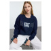 Trendyol Navy Blue Slogan Printed Oversize/Wide Fit Knitted Sweatshirt with Hem Detail