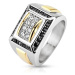Ocelový prsten stříbrné a zlaté barvy, černé a čiré zirkony, obdélníky