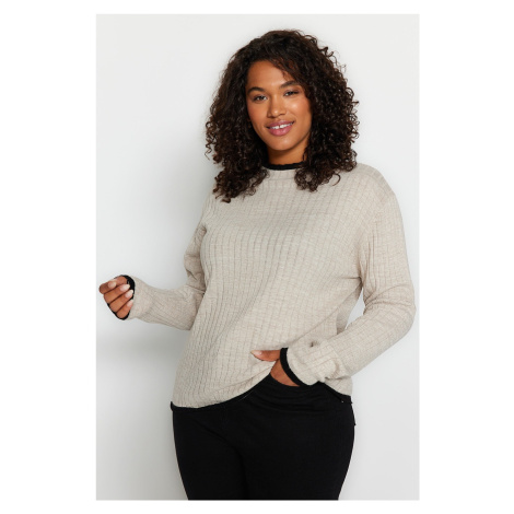 Trendyol Curve béžový pruh Detailní pletený svetr