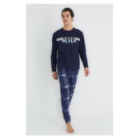 Trendyol Navy Blue Regular Fit Plaid Knitted Pajamas Set