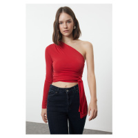 Trendyol Red Slim Tie Detailed Single Sleeve Crop Stretchy Knitted Blouse