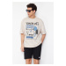 Trendyol Stone Oversize/Wide Cut Far East Printed 100% T-Shirt