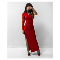 Červené maxi šaty s jedním rukávem z elastického tylu
