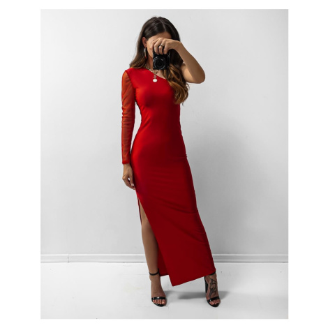 Červené maxi šaty s jedním rukávem z elastického tylu YOLO LOOK