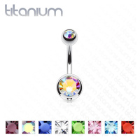 Titanový piercing do pupíku se dvěma barevnými kamínky, délka 10 mm - Barva piercing: Růžová