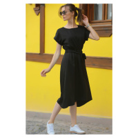 armonika Women's Black Dress with Elastic Waist and Tie