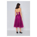 Purpurové midi šaty s korzetem a týlní sukní