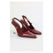 Shoeberry Women's Laurend Burgundy Patent Leather Short Toe Belted Stiletto