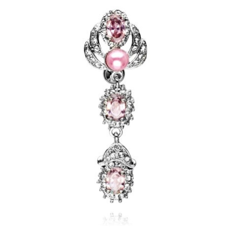 Visací piercing do břicha - ovály s růžovými zirkony, ramena s malými čirými zirkony, růžová per Šperky eshop