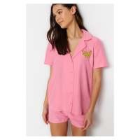 Trendyol Pink Banana Embroidered Viscose Shirt-Shorts Woven Pajamas Set