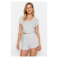 Trendyol Gray Cotton Gathered T-shirt-Shorts Knitted Pajamas Set