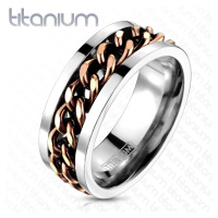Titanový prsten stříbrné barvy - řetěz v měděném barevném odstínu