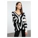 Trendyol Black Deep V Neck Striped Knitted Sweater