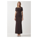 Happiness İstanbul Women's Brown Decollete Long Sandy Knitted Dress