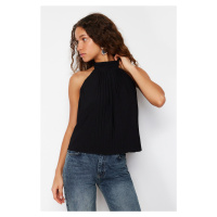 Trendyol Black Pleated Barter Neck Regular/Regular Fit Stretch Knitted Blouse