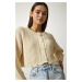 Happiness İstanbul Women's Cream Ripped Detailed Buttoned Crop Knitwear Cardigan