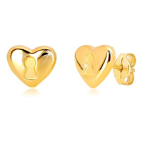 Náušnice ze 14K žlutého zlata - srdce s klíčovou dírkou, puzetové zapínání