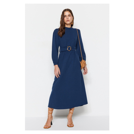 Trendyol Navy Blue Belted High Neck Linen Look Woven Dress