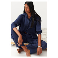 Trendyol Navy Blue Modal Blend Shirt and Trousers Woven Bottom-Top Set